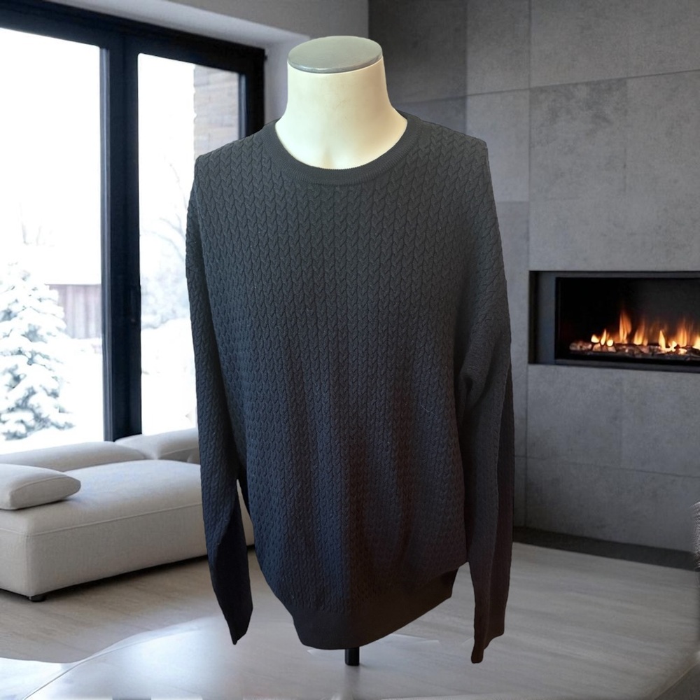 Bobby Jones Collection Black Braided Cable Knit Merino Wool Sweater Size XXL